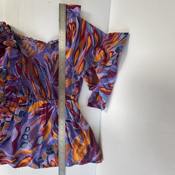 Terra & Sky Smocked Top Women's Size 1X Purple Bell S/Sleeve Artzy Abstract Boho - Picture 10 of 11
